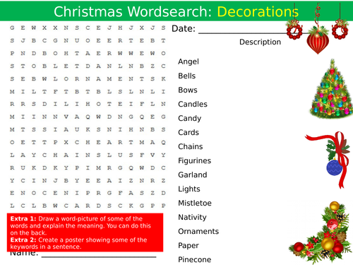 Christmas Decorations Wordsearch End of Term Quiz Starter Settler ...