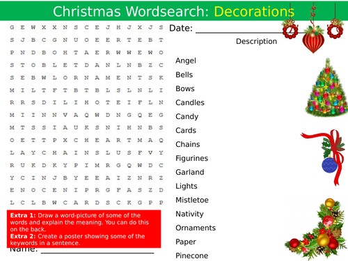 Christmas Decorations Wordsearch End of Term Quiz Starter Settler Activity Homework Cover Lesson