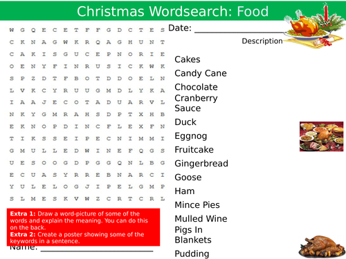 Christmas Food Wordsearch Technology End of Term Quiz Starter Settler Activity Homework Cover Lesson