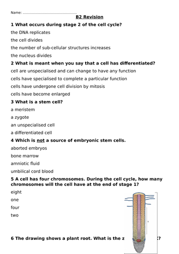 Printable revision booklet for AQA 9-1 GCSE Science Trilogy, unit B2 (Cell Division)