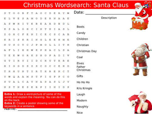 Christmas Santa Claus Wordsearch End of Term Quiz Starter Settler Activity Homework Cover Lesson