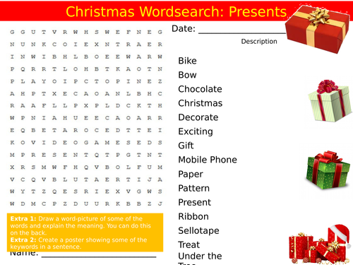 Christmas Presents Wordsearch End of Term Quiz Starter Settler Activity Homework Cover Lesson