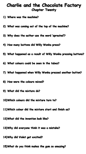 Charlie and the Chocolate Factory - Chapter Twenty Reading Comprehension Questions