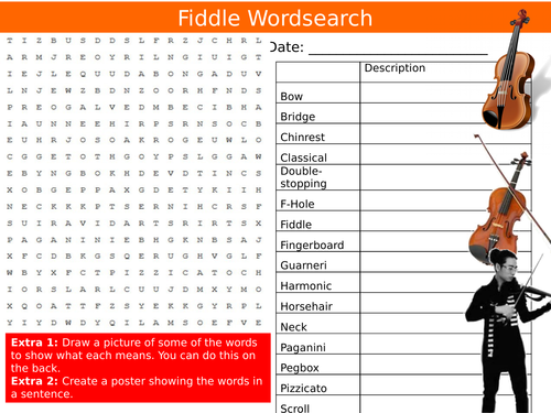 Fiddle Instrument Wordsearch Music Starter Settler Activity Homework Cover Lesson