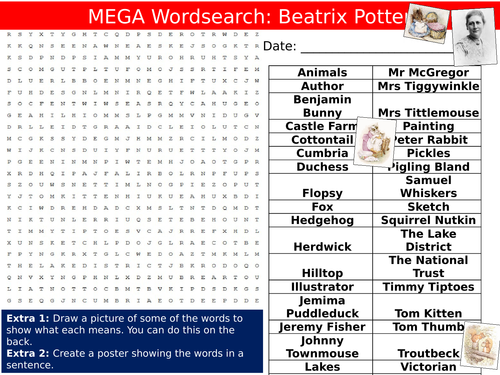 4 x Author Beatrix Potter Wordsearches Starter Settler Activity Homework Cover Lesson Wordsearch