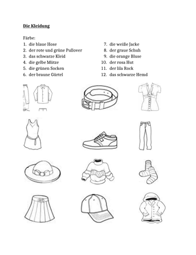 Kleidung (Clothing in German) Farbe Color Worksheet 1