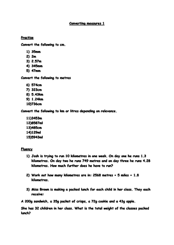 Year 6 Converting Measurements Worksheet Teaching Resources