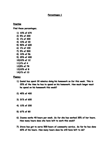 year 6 percentages worksheets x2 teaching resources