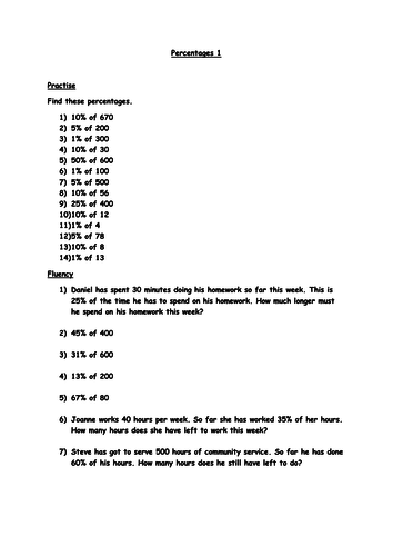 Year 6 Percentages Worksheets x2