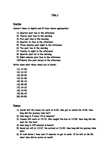 Year 6 Time Worksheet