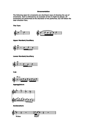 GCSE A Level Music Ornamentation Guidesheet