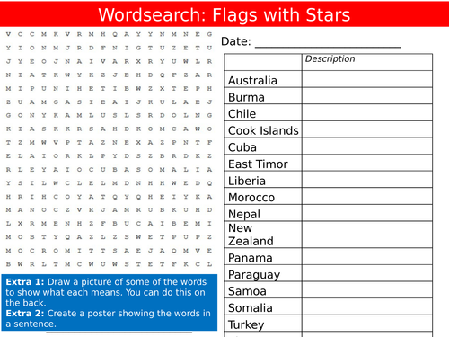 Flags with Stars Wordsearch Countries Geography Starter Settler Activity Homework Cover Lesson