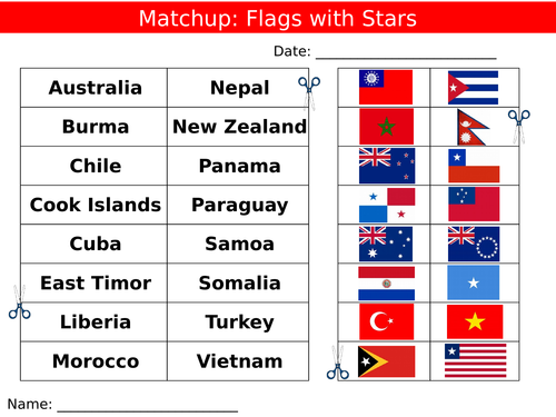 Flags with Stars Matchup Geography Countries Starter Settler Activity Homework Cover Lesson