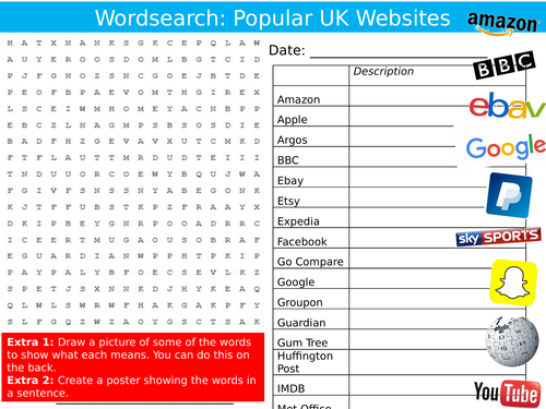 Popular Websites Wordsearch ICT Computing Internet Starter Settler Activity Homework Cover Lesson