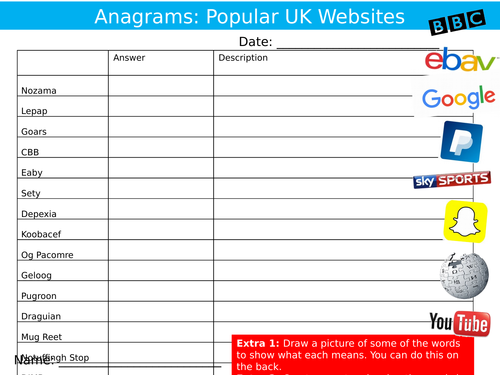 Popular Websites Anagram Sheet ICT Computing Internet Starter Settler Activity Homework Cover Lesson