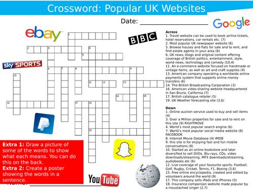 Popular Websites Crossword ICT Computing Starter Settler Activity Homework Cover Lesson