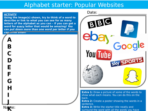 Popular Websites Alphabet Brainstorm Analyser ICT Internet Starter Activity Keywords KS3 GCSE Cover