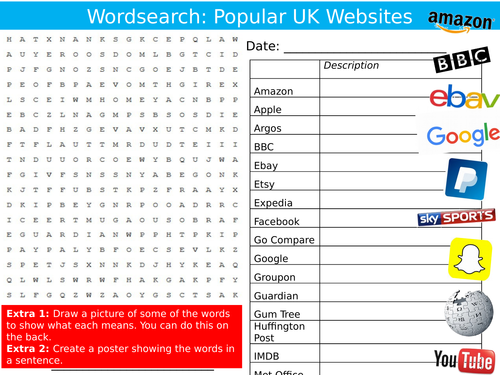 6 x Popular Websites Key Terms Starter Activities Computing ICT Internet KS3 GCSE Wordsearch