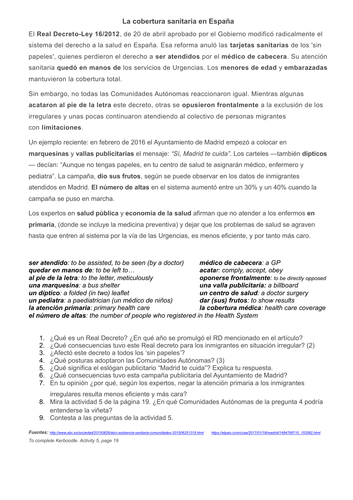 A-Level. Year 2. Immigration. Los indocumentados. Problemas. Derecho a la asistencia sanitaria