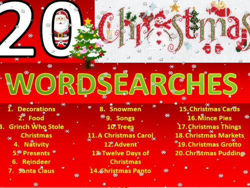 20 x Christmas Wordsearches End of Term Quiz Starter Settler Activity Wordsearch Cover Lesson