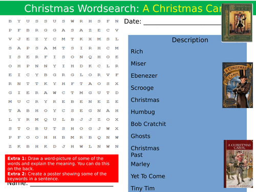 A Christmas Carol Wordsearch Dickens End of Term Quiz Starter Settler Activity Homework Cover Lesson
