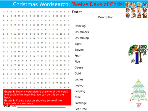 The Twelve Days of Christmas Wordsearch End of Term Quiz Starter Settler Activity Cover Lesson