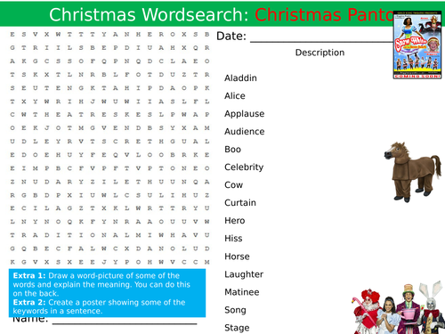Christmas Panto Pantomime Wordsearch End of Term Quiz Starter Settler Activity Cover Lesson