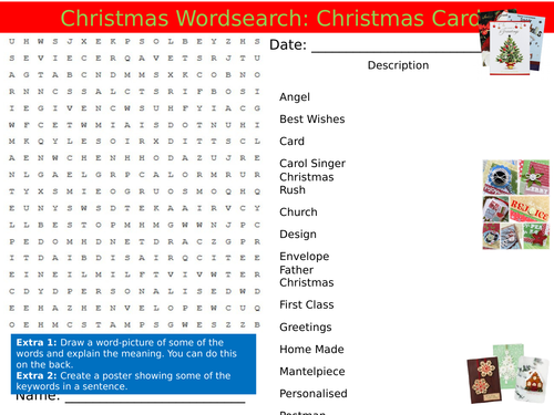 Christmas Cards Wordsearch End of Term Quiz Starter Settler Activity Homework Cover Lesson