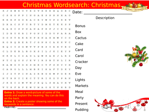 Christmas Prefix Things Wordsearch End of Term Quiz Starter Settler Activity Homework Cover Lesson