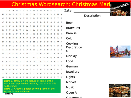 Christmas Markets Wordsearch End of Term Quiz Starter Settler Activity Homework Cover Lesson