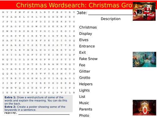 Christmas Santa's Grotto Wordsearch End of Term Quiz Starter Settler Activity Homework Cover Lesson