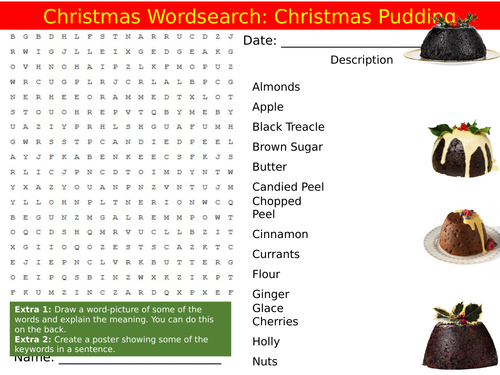Christmas Pudding Wordsearch End of Term Quiz Starter Settler Activity Homework Cover Lesson
