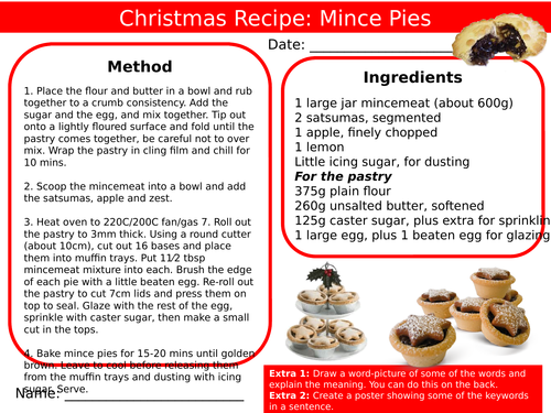 Christmas Mince Pies Recipe Food Technology End of Term Starter Settler Activity Cover Lesson