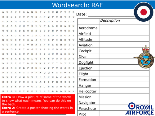 Royal Air Force RAF Wordsearch Careers Jobs Starter Settler Activity Homework Cover Lesson