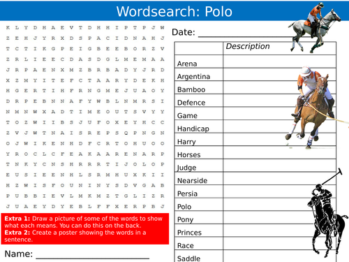 Polo Sport Wordsearch PE Physcial Education Starter Settler Activity Homework Cover Lesson