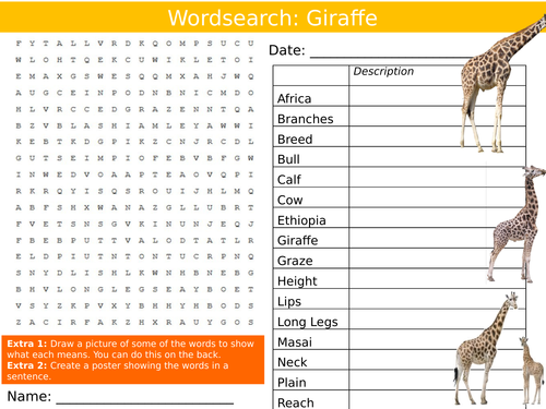 Animal Giraffe Wordsearch Nature Starter Settler Activity Homework Cover Lesson