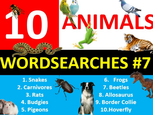 10 x Animals #7 Wordsearch Animal Creatures Starter Settler Activity Homework Cover Lesson Plenary