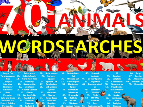 70 x Animals Wordsearch Animal Creatures Wordsearches Starter Settler Activity Homework Cover Lesson