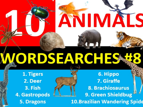 10 x Animals #8 Wordsearch Animal Creatures Starter Settler Activity Homework Cover Lesson Plenary