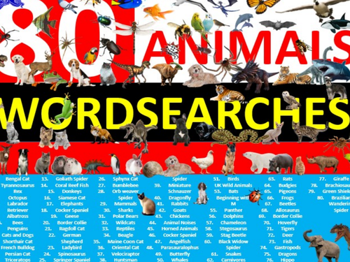 80 x Animals Wordsearch Animal Creatures Wordsearches Starter Settler Activity Homework Cover Lesson
