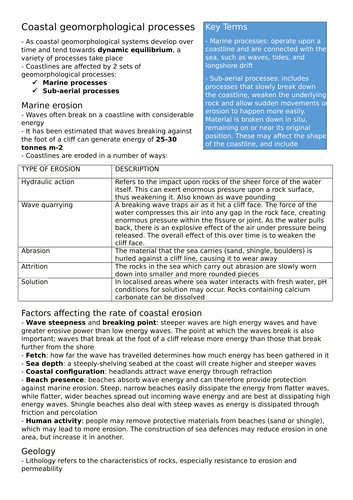 A Level Geography Coast Notes - Geomorphological processes