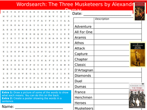 The Three Musketeers Wordsearch Novel English Starter Settler Activity Homework Cover Lesson
