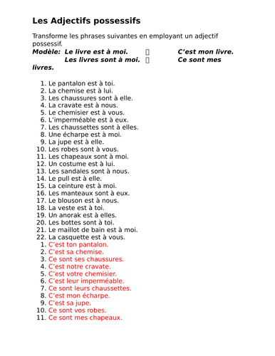 Adjectifs possessifs (French Possessive Adjectives) Worksheet 6