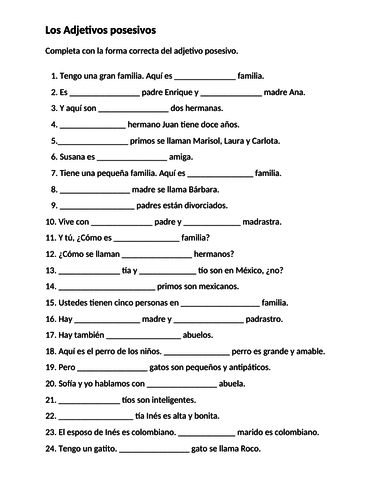 Adjetivos Posesivos Spanish Possessive Adjectives Worksheet 2 Teaching Resources