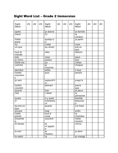 Grade 2 French Immersion Sight Word List