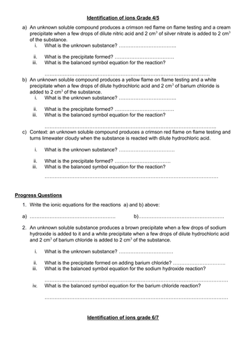 Ionic equation differentiated worksheets for chemical analysis, with answers