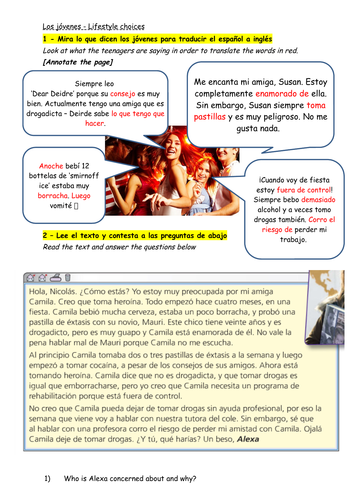 Spanish NEW GCSE - MA - Extra, healthy living - drugs/smoking/active lifestyle extension tasks