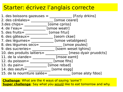 KS3 French - manger sain ALL TENSES with speaking activity for LA