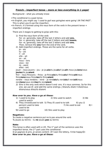 French - imperfect tense in 1 page