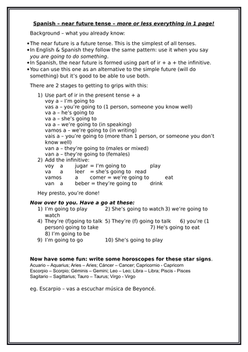 Spanish - near future tense in 1 page